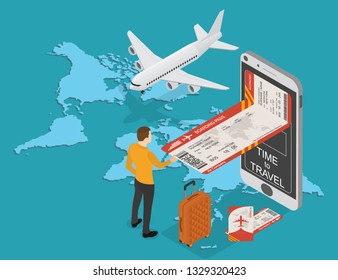 Online booking of plane tickets and travel. Mobile e-boarding pass in the isometric. Tourist buying a ticket. Plane and suitcase on the background of the world map. Vector illustration.