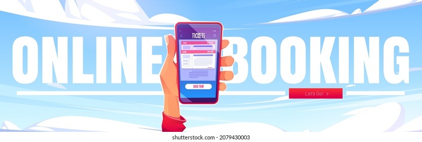 Online booking poster. Internet service for book and buy plane, bus or train tickets. Vector banner with cartoon illustration of hand holding mobile phone on background of blue sky