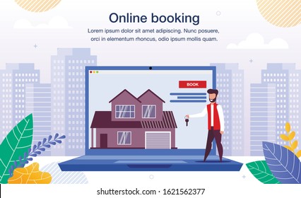 Online Booking of Rental Apartments and Houses Trendy Flat Vector Ad Banner, Promo Poster Template. Realtor, Real Estate Property Owner Offering, Promoting Comfortable House for Rent Illustration