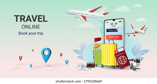 Online booking service app on the smartphone . Travel online ticket. Mobile Application. Trip planning. travel equipment and luggage. Concept for website or mobile app. vector illustration