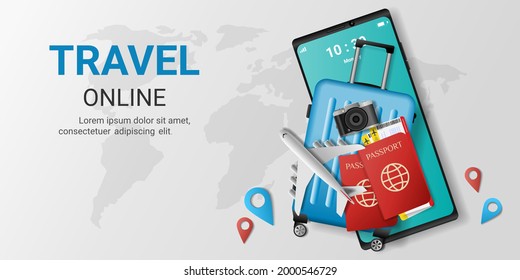 Online booking service app on smartphone . Travel online ticket. Trip planning. Travel to World. travel equipment and luggage. Top view on travel and tourism concept template. vector illustration