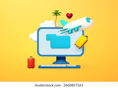 Online booking service cartoon concept with pc, suitcase, palm and plane. Air ticket on mobile phone. Vacation tickets