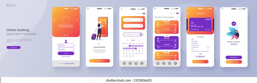 Online booking service mobile application template. UI, UX, GUI design elements. Travel application wireframe. User Interface kit isolated on grey background. Vector eps 10. - Shutterstock ID 1525836620