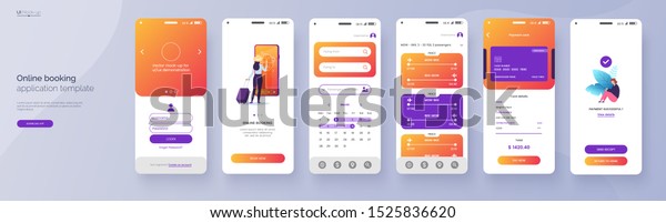 Online booking service\
mobile application template. UI, UX, GUI design elements. Travel\
application wireframe. User Interface kit isolated on grey\
background. Vector eps\
10.