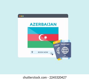 Online booking service on web browser site, trip, travel planning country Azerbaijan national flag logo design. Online reservation of plane tickets. Concept for website vector design and illustration.