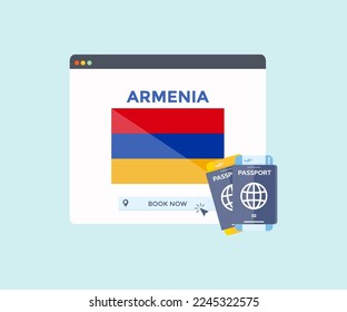 Servicio de reservas en línea en el sitio web del navegador, viaje, país de planificación de viajes Armenia diseño del logo de la bandera nacional. Reserva online de billetes de avión. Concepto de diseño e ilustración de vectores de sitios web.

