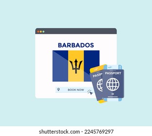 Online booking service on web browser site, trip, travel planning country Barbados national flag logo design. Online reservation of plane tickets. Concept for website vector design and illustration.
