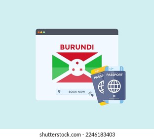 Online booking service on web browser site, trip, travel planning country Burundi national flag. Online reservation of plane tickets. Concept for website vector design and illustration.
