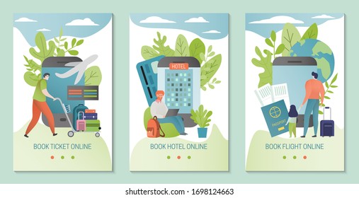 Online booking service vector illustration. Book hotel, flight banner template. Ticket booked through internet, mobile application. People cartoon characters with baggage, passport, laptop travel.