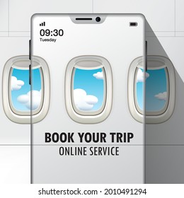 Online booking service vector illustration. Trip planning. Online reservation of plane tickets. Concept mobile app