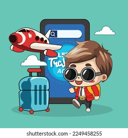 Online booking service vector illustration. traveler with baggage. online service concept. character cartoon vector illustration
