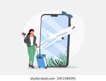 Online booking service vector illustration. Woman with luggage book travel on the smartphone. Trip planning. Online reservation of plane and train tickets. Concept for website or mobile app