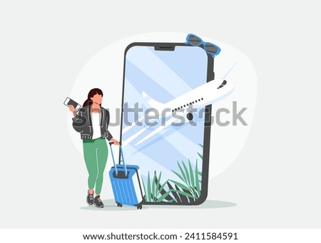 Online booking service vector illustration. Woman with luggage book travel on the smartphone. Trip planning. Online reservation of plane and train tickets. Concept for website or mobile app