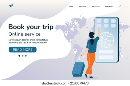 Online booking service. Woman with luggage book travel on the smartphone. Trip planning. Online reservation of plane and train tickets. Concept for website or mobile app.Vector illustration
