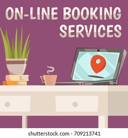 Online booking services composition with the ability to book anything through your computer vector illustration