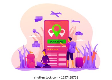 Online booking services, internet reservation system, accommodation search concept. Colorful vector isolated concept illustration with tiny people and floral organic elements. Hero image for website.