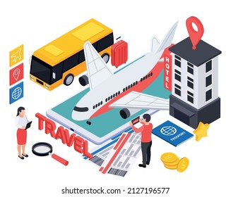 Online booking services in touristic business design concept with smartphone hotel bus airplane isometric icons vector illustration