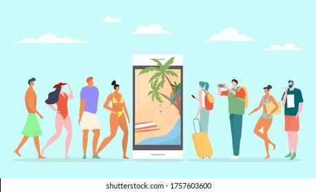 Online booking servoce for summer vacation, vector illustration. People tourist standing in line near large smartphone, tropical leisure on ocean beach reservation. Arrange holiday travel.