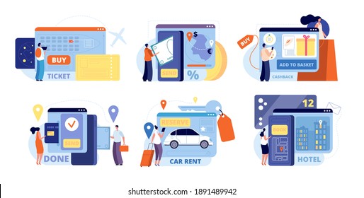 Online booking. Smart person, mobile travel or airport tickets. Internet rental car hotel, digital vacations planning utter vector concept