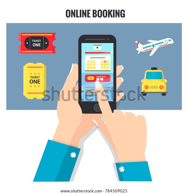 Online booking system vector illustration. Hand\
holding phone
