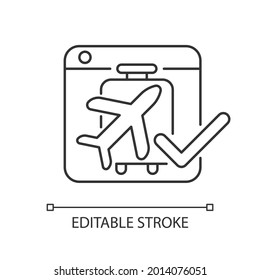 Icono lineal de sistemas de reserva en línea. Autoreserva y pago a través del sitio web. Planificación del viaje. Ilustración personalizable de línea delgada. Símbolo de contorno. Dibujo de contorno aislado del vector. Trazo editable