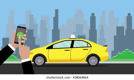 online booking taxi hand holding smartphone to book with taxi on the way as background vector graphic illustration