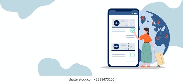 Online booking ticked. Buy Ticket Online. Traveling on airplane. Online booking ticked. Buy Ticket Online. Traveling on airplane. Vector Illustration.