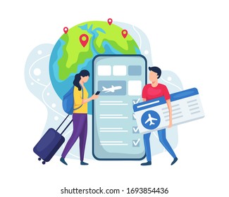 Online booking ticket concept. Young women traveling by plane, book flight tickets online. Men buy flight tickets from mobile phone application. Vacation and travel, Vector illustration flat style