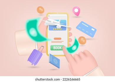 Online booking ticket for flight airplane on the mobile app. Online travel on the smartphone. Business trip banner with 3d airplane, passport, tickets, luggage, and credit card.3D Vector Illustration.