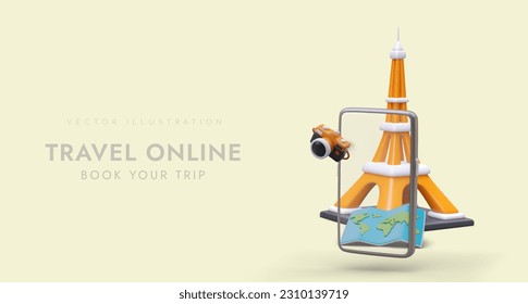 Reserva online de entradas al extranjero. Visitas turísticas por Europa. Aplicación para elegir el mejor vuelo. Plantilla publicitaria con Torre Eiffel 3D, smartphone, mapa, cámara