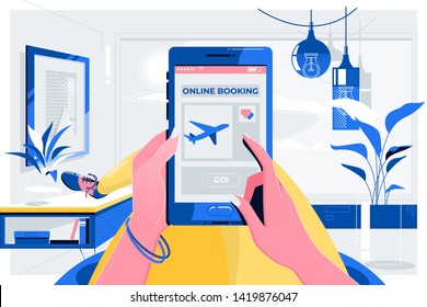 Online Booking Traveling Plane Flight Concept.Female hands holding phone with app booking screen.Flat vector illustration