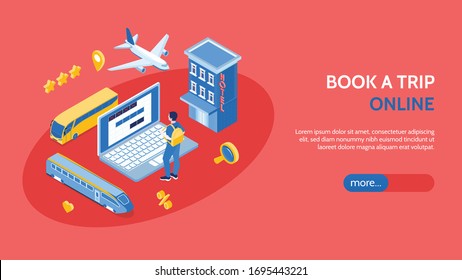 Online booking trip horizontal banner with laptop hotel bus train airplane isometric icons vector illustration