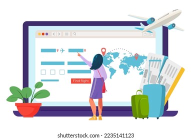 Online booking for trip, vector illustration, flat woman character use online technology for ticket reservation, travel by plane flight.