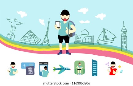 Online booking vector illustration of young man using devices such as, smartphone, tablets to order hotel and tickets for traveling. travel info-graphic,people behavior booking trip vacation