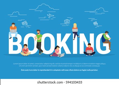 Online booking vector illustration of young men and women using devices such as laptop, smartphone, tablets to order hotel and tickets for traveling. Flat people with gadgets sitting on big letters