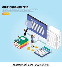 Online bookkeeper working 3d isometric vector illustration concept for banner, website, landing page, ads, flyer template