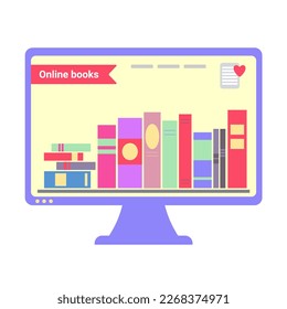 Online books, digital book store, books on monitor screen education concept. Online library with book information, illustration of library with literature in monitor