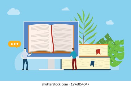 online books reading with open book on the monitor screen with stack and people team read together with blue background - vector illustration