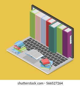 Online books shop in isometric view, digital library concept. Laptop computer with books inside, vector illustration. Books on keyboard.