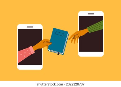 Online Books Swap, Share, Exchange, Reading Club, Chat Or Social Media. Man Or Woman Hand Gives Book From Mobile Smartphone. Read Books Lovers. Internet Bookstore, Virtual Library Vector Illustration