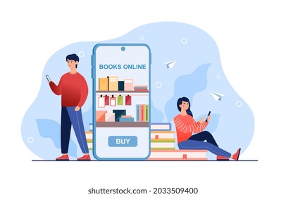 Online bookshop. Teens with smart gadgets use app for reading, buying and downloading books. Ready for school. Flat illustration cartoon vector concept web banner design isolated on white background