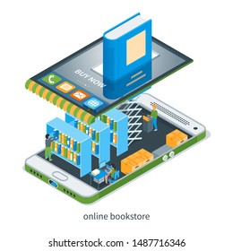 Online bookstore concept. Store, mobile phone and books. Images of children and miniature people. Isometric vector illustration
