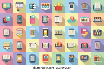 Online bookstore icons set flat vector. Open book. Author literature