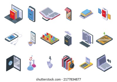 Online bookstore icons set isometric vector. Open book. Magazin library