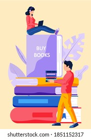 Online bookstore, online learning, digital library, e-reading concept vector flat illustration with a man walks carries books in his hands, woman in headphones with laptop sits on a stack of books