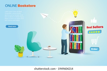 Online bookstore on smart phone, books delivery application. Man choosing books in shelves on mobile phone screen. People lifestyle, e-commerce technology, landing page, web page, template design.