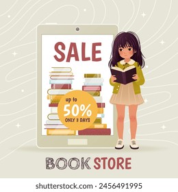 Online bookstore. Sale banner, vertical landing page template, e-books, online education concept, poster. Little girl with book standing near a big display with a pile of books. Vector illustration.