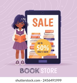 Online bookstore. Sale banner, vertical landing page template, e-books, online education concept, poster. Little girl with book standing near a big display with a pile of books. Vector illustration.