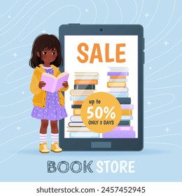 Online bookstore. Sale banner, vertical landing page template, e-books, online education concept, poster. Little girl with book standing near a big display with a pile of books. Vector illustration.