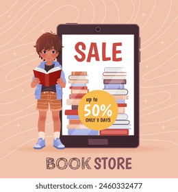 Online bookstore. Sale banner, vertical landing page template, e-books, online education concept, poster. Little boy with book standing near a big display with a pile of books. Vector illustration.